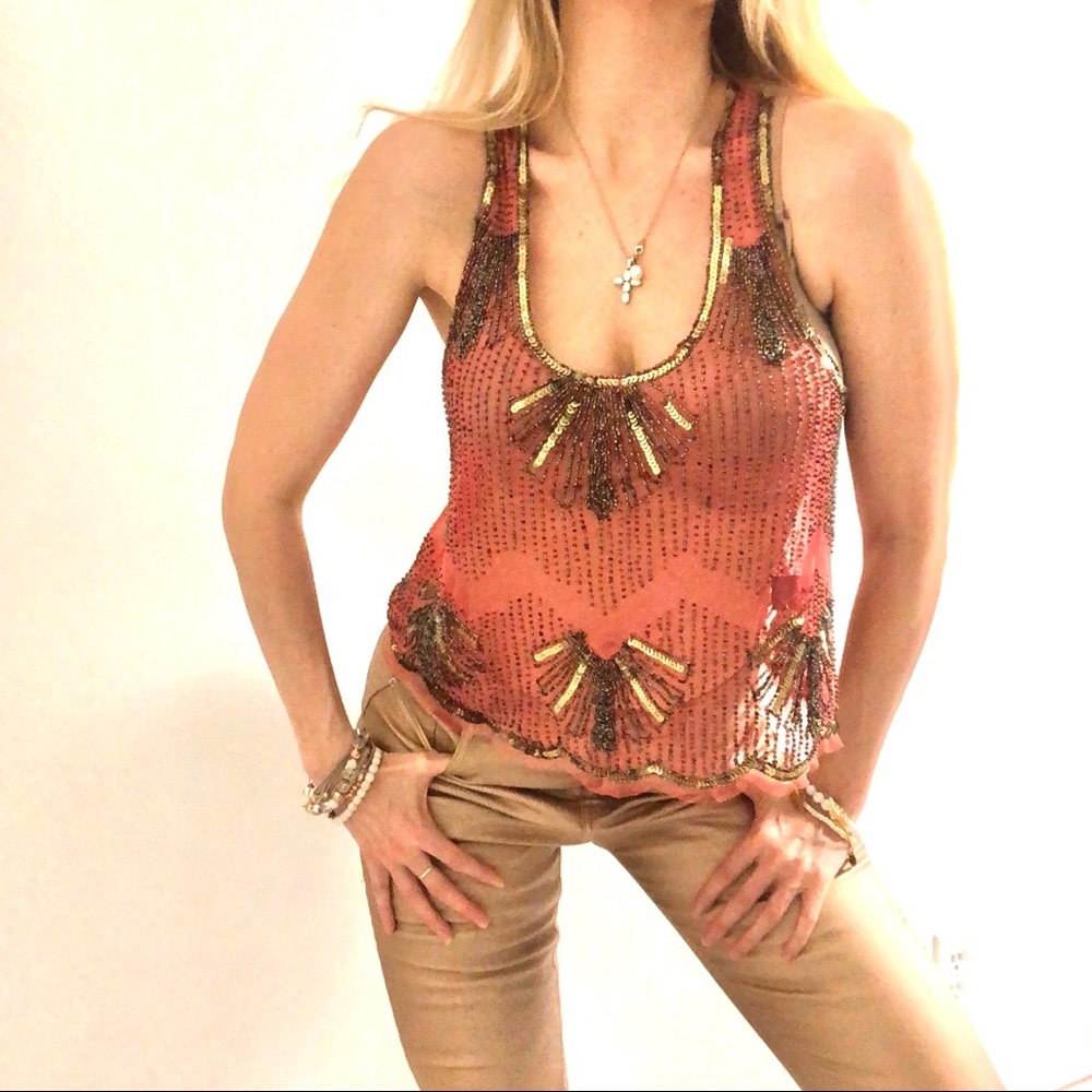 Coral Sheer Tank Top with Multicolour Bead Design